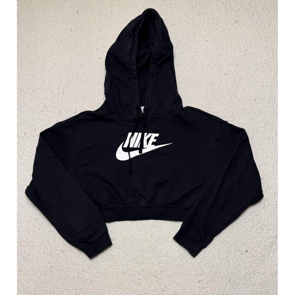 Nike Womens Sweatshirt Hoodie Size XS Black Cropped 80% Cotton, 20% Polyester